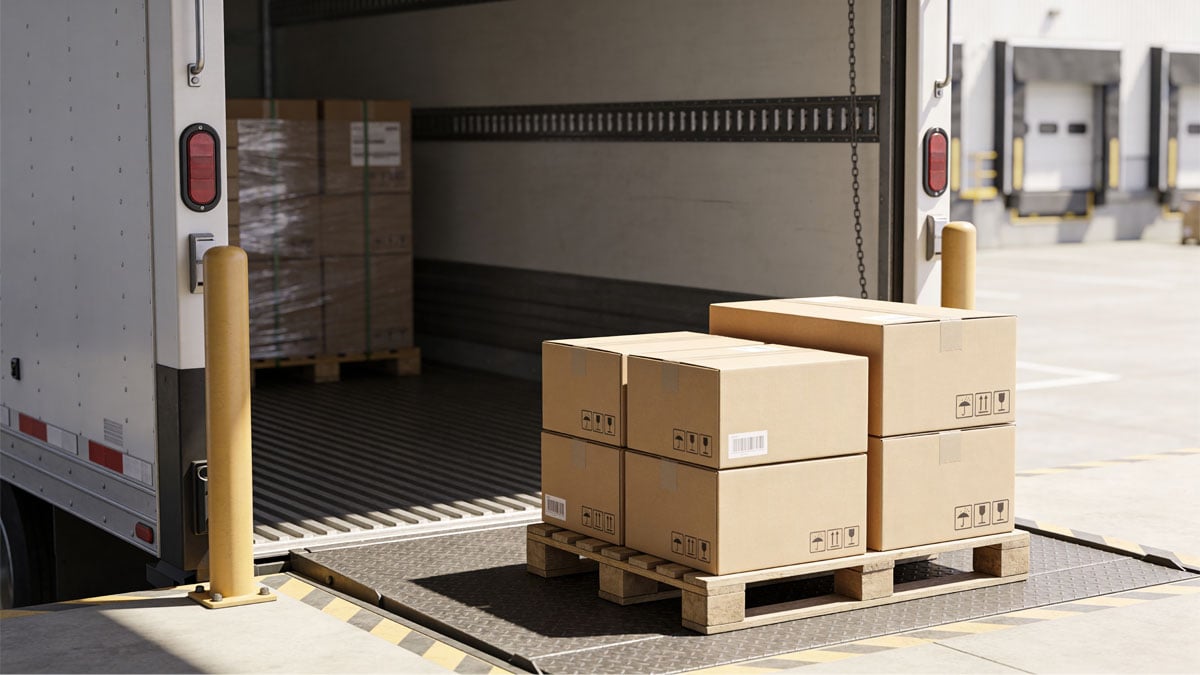 A pallet of cardboard boxes at the open rear door of a box truck at a loading dock